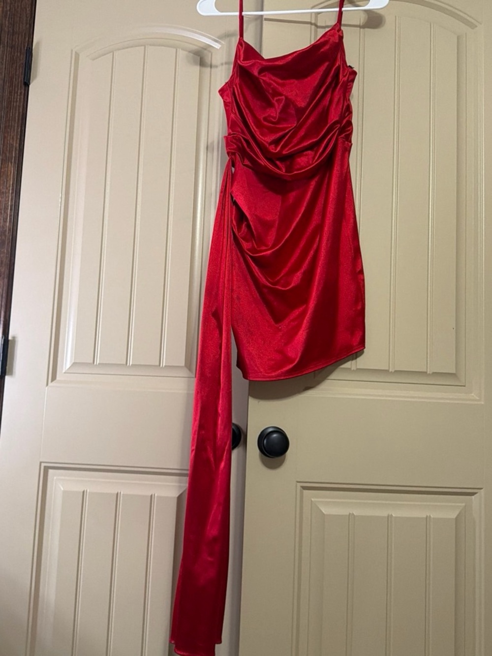 B Darlin Red Satin Draped Mini Dress with Side Sash